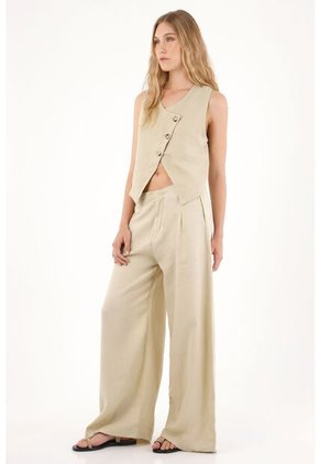 Chaleco En 100% Lino Con Escote Curvo Café Para Mujer