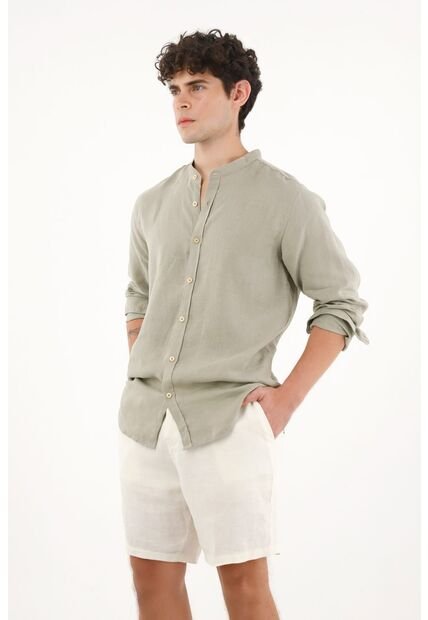 Tennis Camisa Manga Larga Verde En 100% Lino Para Hombre