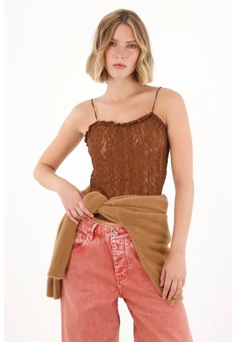 Tennis Camiseta En Tela Tipo Blonda Con Transparencia Café Para Mujer Tennis