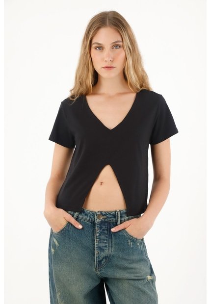Tennis Camiseta Manga Corta Con Abertura En Delantero Negra Para Mujer