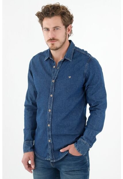 Camisa Manga Larga Azul Para Hombre