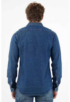Camisa Manga Larga Azul Para Hombre