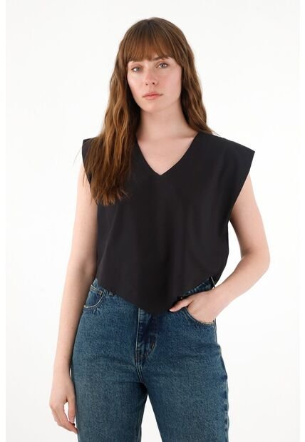 Tennis Camisa Manga Sisa Escote En V Negra Para Mujer