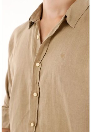 Camisa Café Manga Larga 100% Lino Para Hombre