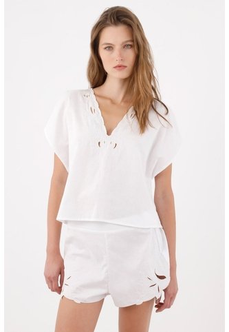 Tennis Bermuda Tradicional Con Borde Calado Floral En Algodón Blanco Para Mujer Tennis