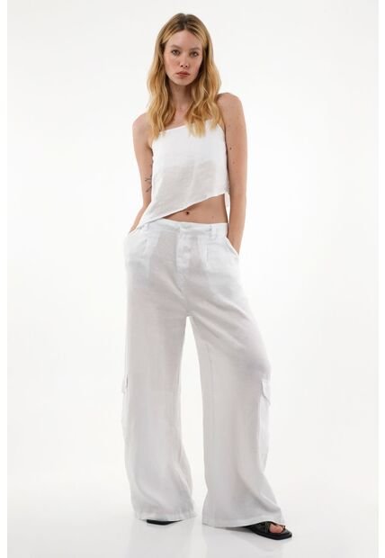 Tennis Pantalón Wide Leg En 100% Lino Blanco Para Mujer