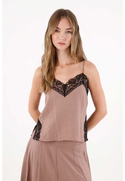 Tennis Camisa De Tiras Con Encaje Café De Ajuste Relajado Para Mujer