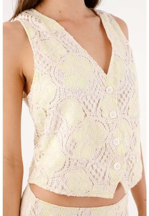 Tennis Chaleco Corto Con Encaje Floral Calado En Algodón Amarillo Pastel Para Mujer
