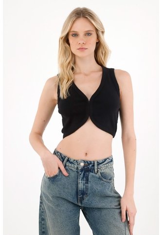 Tennis Camiseta En Rib Con Ajuste De Broches Negra Para Mujer Tennis