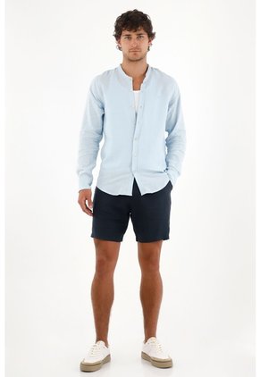 Tennis Camisa En 100% Lino Azul Con Detalle Fruncido Para Hombre