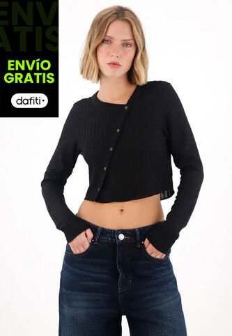 Tennis Camiseta Manga Larga Crop Negra Para Mujer Tennis