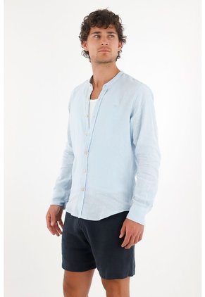 Tennis Camisa En 100% Lino Azul Con Detalle Fruncido Para Hombre