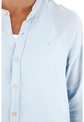 Tennis Camisa En 100% Lino Azul Con Detalle Fruncido Para Hombre