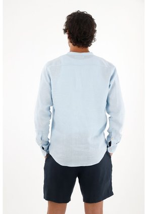 Tennis Camisa En 100% Lino Azul Con Detalle Fruncido Para Hombre