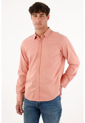 Camisa De Tela Oxford Manga Larga Rosada Para Hombre