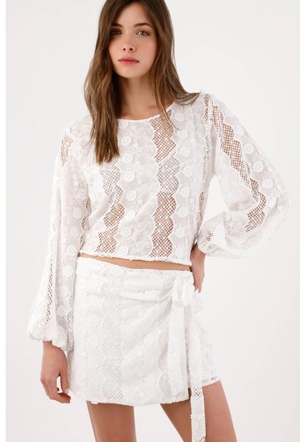 Tennis Camisa Holgada Con Encaje Floral Calado En Algodón Blanco Para Mujer