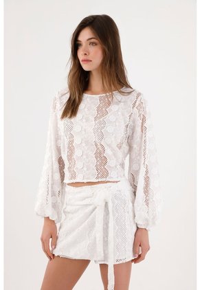 Tennis Camisa Holgada Con Encaje Floral Calado En Algodón Blanco Para Mujer