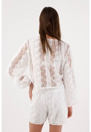 Tennis Camisa Holgada Con Encaje Floral Calado En Algodón Blanco Para Mujer