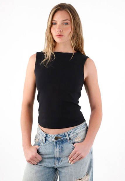Camiseta En Rib Manga Sisa Negra Para Mujer