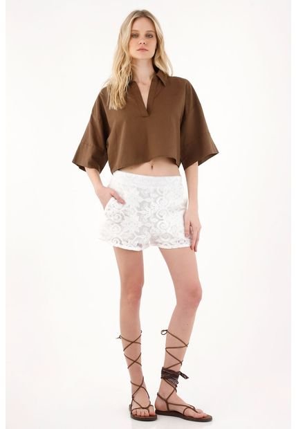 Camisa Boxy Fit Manga Corta Café Para Mujer
