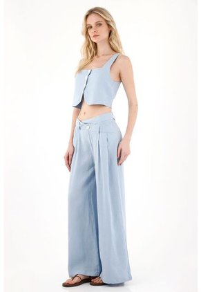 Tennis Pantalón En 100% Lino Azul Para Mujer