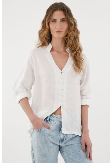 Camisa Blanca Cuello Neru En 100% Lino Para Mujer