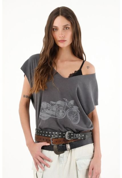 Camiseta Gris Oversize Con Estampado De Moto Para Mujer