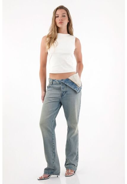 Tennis Jean Recto De Tiro Medio Con Doblez En Pretina Azul Para Mujer