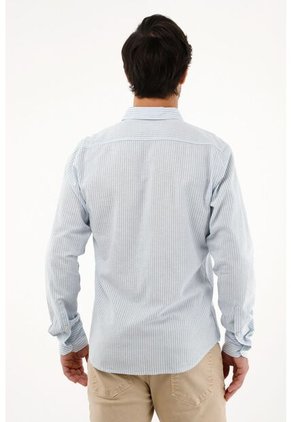 Camisa Azul A Rayas Manga Larga Para Hombre