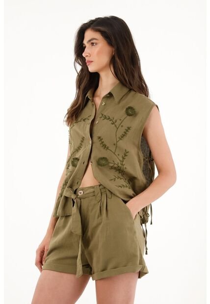 Bermuda Verde En 100% Lino Para Mujer