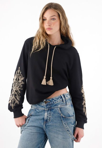 Buzo Amplio Con Cordón Y Bordados Negro Para Mujer