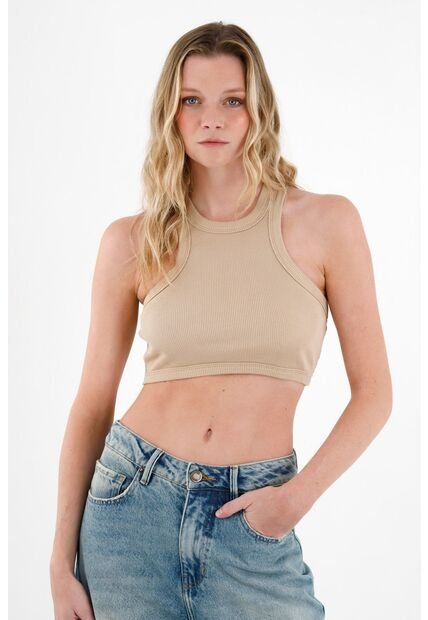 Tennis Crop Top En Rib Café Para Mujer
