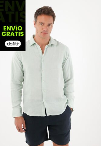 Tennis Camisa En 100% Lino Manga Larga Verde Para Hombre Tennis
