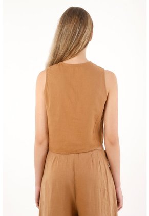 Tennis Chaleco En 100% Lino De Diseño Cruzado Café Para Mujer