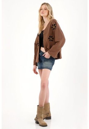 Tennis Buzo Tipo Cárdigan Con Flores Café Para Mujer