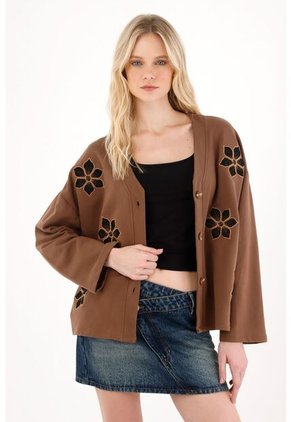 Tennis Buzo Tipo Cárdigan Con Flores Café Para Mujer