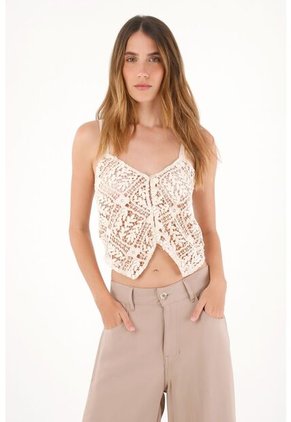 Tennis Camisa Crop En Tela Tejida Crudo Para Mujer