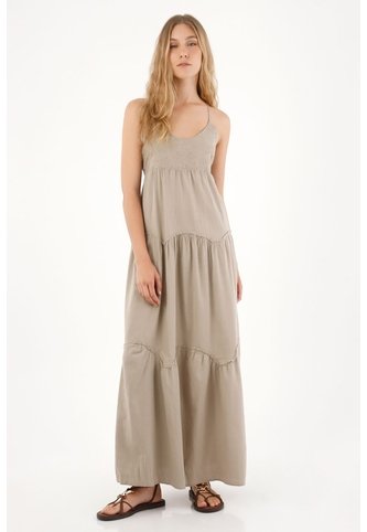 Tennis Vestido Largo Con Escote En V Café Con Detalle Fruncido Para Mujer Tennis