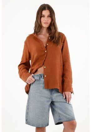 Camisa En 100% Lino Manga Larga Para Mujer
