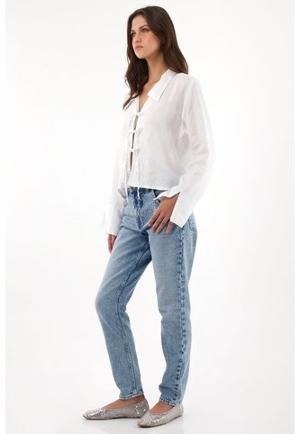 Tennis Camisa En 100% Lino Con Tiras Que Anudan En Frente Blanca Para Mujer Tennis