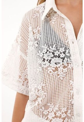 Tennis Camisa Manga Corta Bordada En Frente Crudo Para Mujer