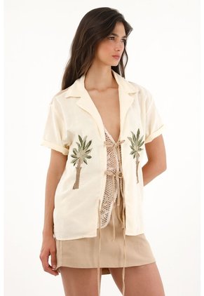 Tennis Camisa Tipo Bowling Con Bordado De Palmeras Para Mujer