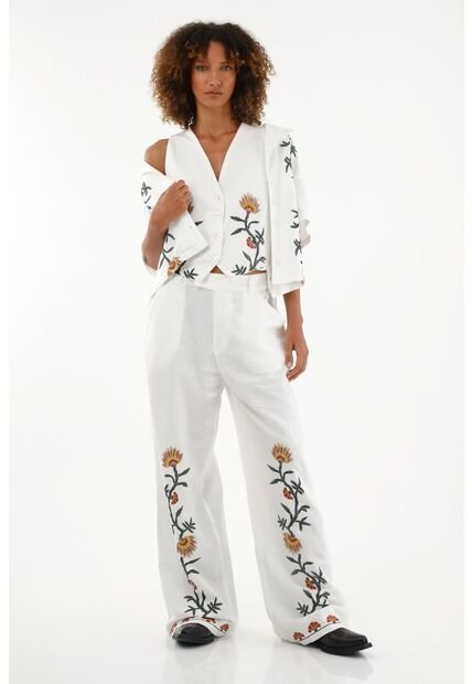 Tennis Pantalón Recto De Tiro Medio Con Bordados Para Mujer