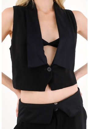 Tennis Chaleco Con Solapa En Tela Tipo Satín Negro Para Mujer