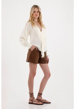 Camisa Con Escote En V Y Boleros Crudo Para Mujer