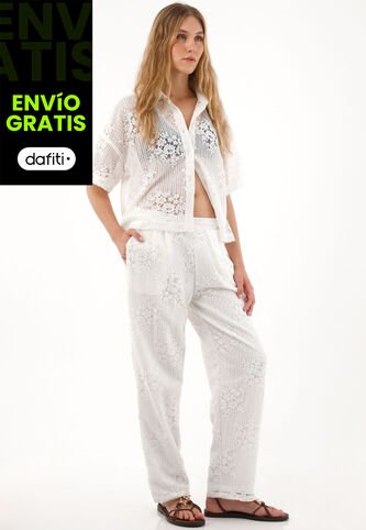 Tennis Pantalón Recto En Tela Bordada Crudo Para Mujer Tennis
