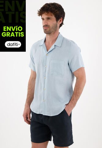 Tennis Camisa Tipo Bowling En Lino Azul Para Hombre Tennis