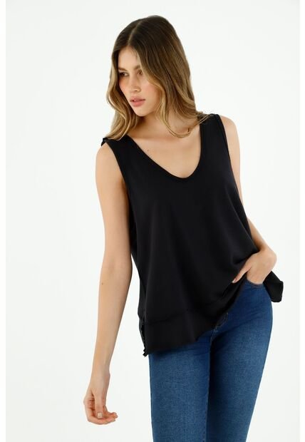 Camiseta De Mujer, Silueta Clásica, Cuello Redondo, Manga Sisa Con Escote Cruzado, Color Negro