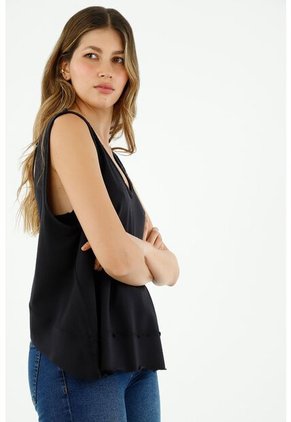 Camiseta De Mujer, Silueta Clásica, Cuello Redondo, Manga Sisa Con Escote Cruzado, Color Negro