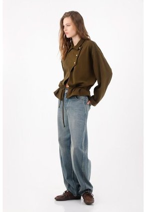 Tennis Jean Wide Leg Con Costuras Curvas En Algodón Azul Para Mujer